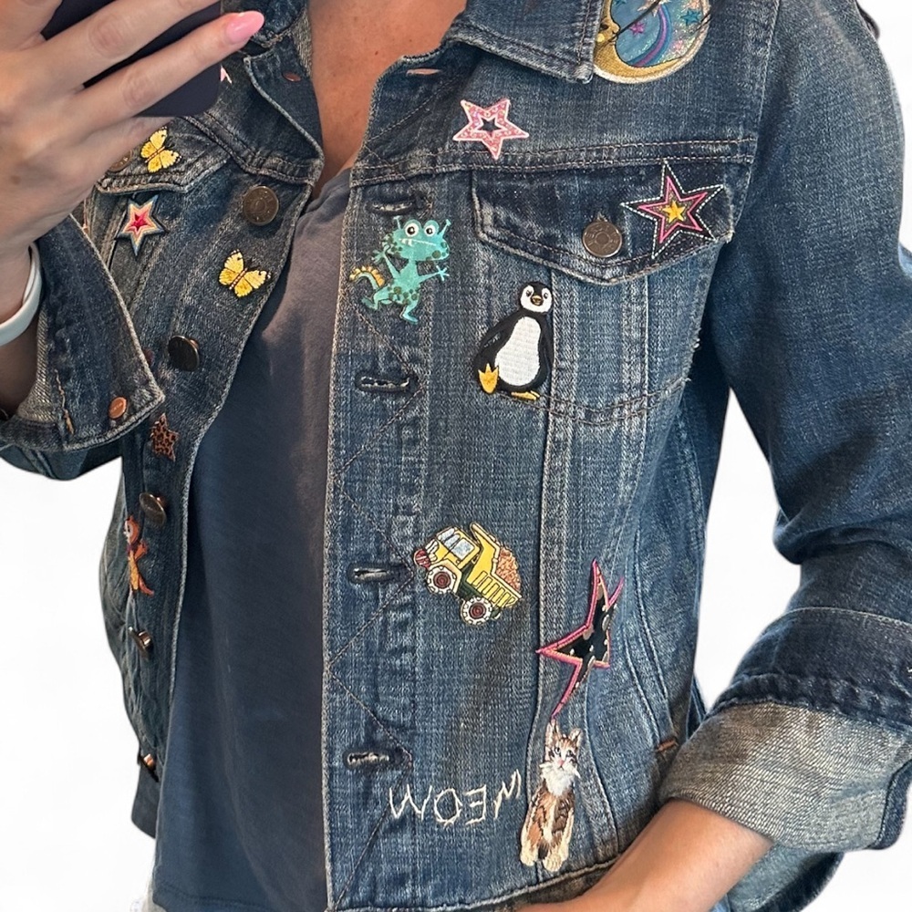 J.Crew Denim Jacket Custom Patch Upcycled Daisy Floral Boho OOAK Sz S - Picture 4 of 9